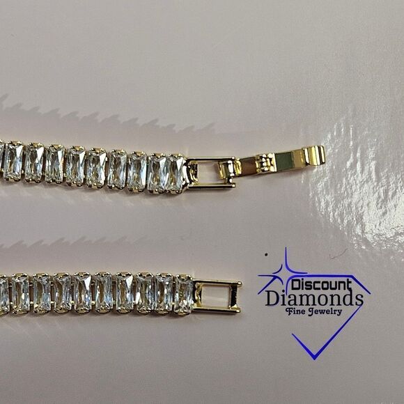 Clear white Baguette Diamond Tennis Bracelet 14K Gold on 925 Sterling Silver - Picture 7 of 10